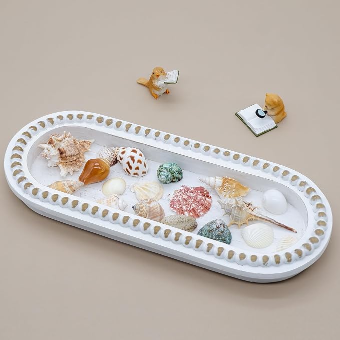 Wood Serving Tray, Wooden Bead Decorative Tray, White Washed Coffee Table Tray for Ottoman, Rustic Distressed Decor for Home, Kitchen, Farmhouse (White)