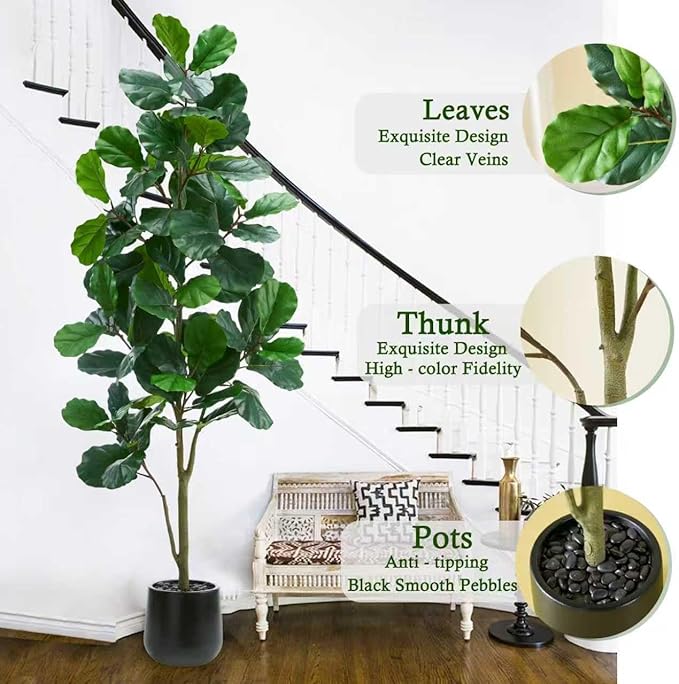 Artificial Fiddle Leaf Fig Tree：7FT Tall Faux Ficus Lyrata Plant Fake Fig Trees Realistic Green Silk Large Leaves with Natural Trunks & Pebbles in Black Planter for Indoor Outdoor Office Home.