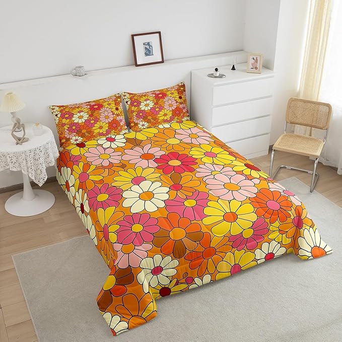 Castle Fairy Bohemian Flowers Twin Size Comforter Set,70s Floral Duvet Set for Kids Boys Bedroom,Hippie Retro Groovy Botanical Soft Microfiber Bedding Comforters,2 Pcs