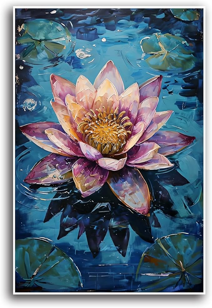 Gorgeous pink and purple water lilies on deep blue water Eye-catching oil painting Serene aquatic wall art for modern home decor 16x24in Frameless