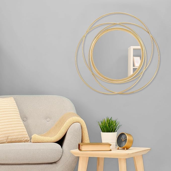 Large Gold Round Art Wall Mirror with Iron Metal Wire Frame Wall-Mounted Mirror for Home Decor Living Room Bedroom Bathroom Entryway 20"