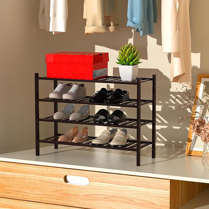 RONGJlA 4 Tier Bamboo Shoe Rack for Closet Free Standing Wood Shoe Shelf Storage Organizer for Entryway Small Space Stackable, Brown