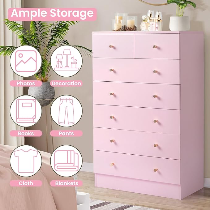 Karl home Pink 7 Drawer Dresser for Bedroom, Tall Dresser Chest of Drawers, Wood Pink Bedroom Dressers for Girls, Anti-Tipping Device, Rose Gold Metal Handle, Living Room, Entryway, Hallway, Office