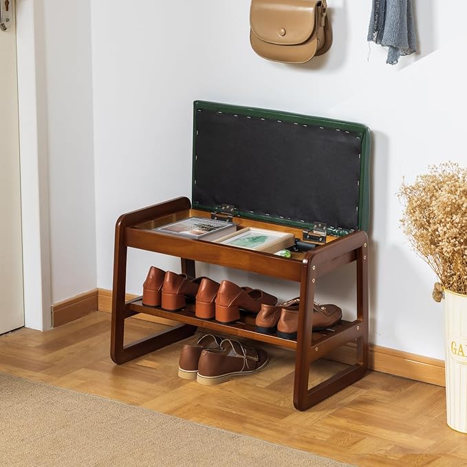 SOBIBO Solid Wood Shoe Bench, 2-Tier Entryway Bench with Cushion and Flip-Open Storage Box, Mid-Century Modern Shoe Bench Rack for Hallway, Mudroom(Green, 21.65'')