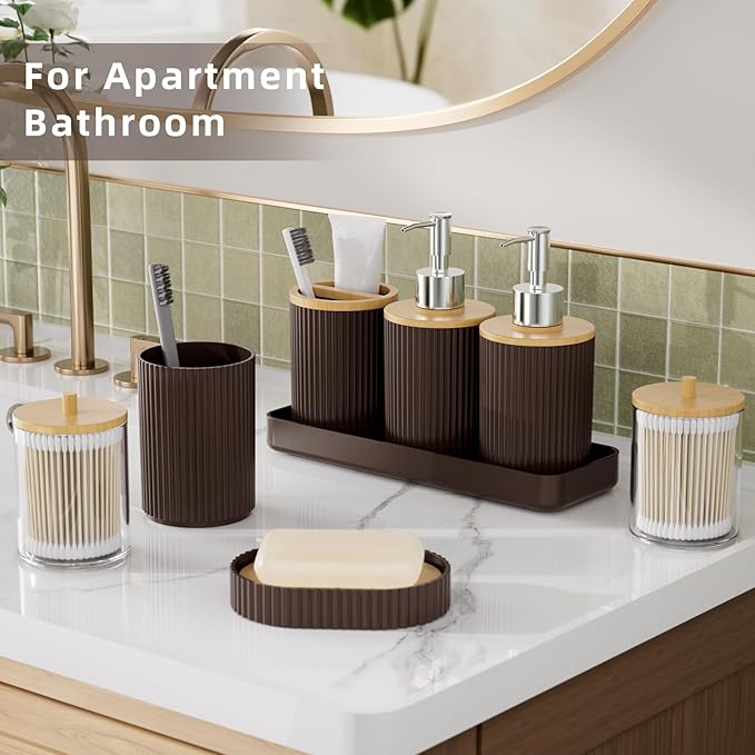 10PC Bathroom Accessories Set - Brown and Wooden Bathroom Sets, Bathroom Accessory Set with Pop Up Trash Can, Toilet Brush, Trash Can, Qtip Holder & Soap Dispenser