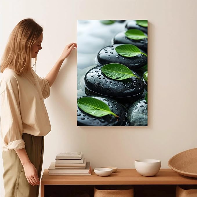 Glittering black stone cluster with fresh green leaves and water drops poster tranquil mist rain wall art zen wall art suitable for modern minimalist home decor 16x24in Frameless
