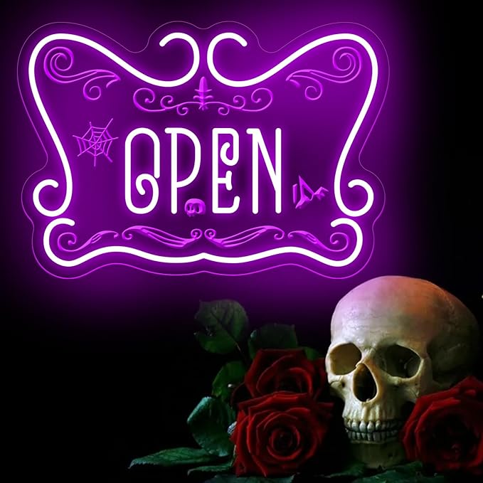 Gothic Open Neon Sign LED Wall Light for Witchy Shop Spooky Café Halloween Decor Crystal Store Tattoo Studio and Mystic Boutique Room Game Kids Room Man Cave Party Decor Party Supply Ba