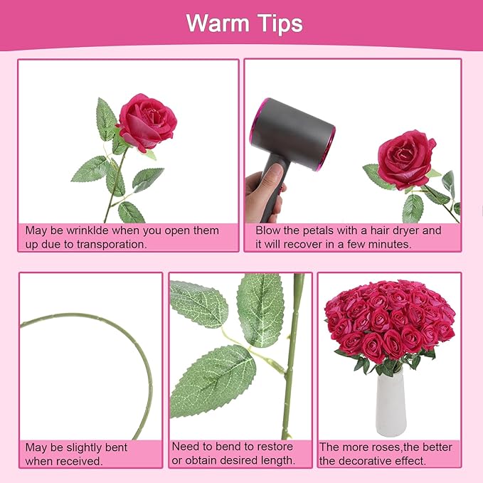 12Pcs Fuchsia Roses Artificial Flowers Fake Roses Faux Velvet Silk Flower for Home Wedding Decoration (Pearl Rose, Fuchsia)