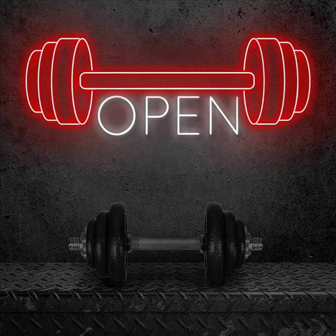 Red Gym Fitness Open Neon Sign, Gym open Led Sign, Weightlifting Led Light, Barbell Neon Light, gym Open Wall Art Decor, House Wall Signs Decor for Business Window Open Signs, Fitness Club Decor