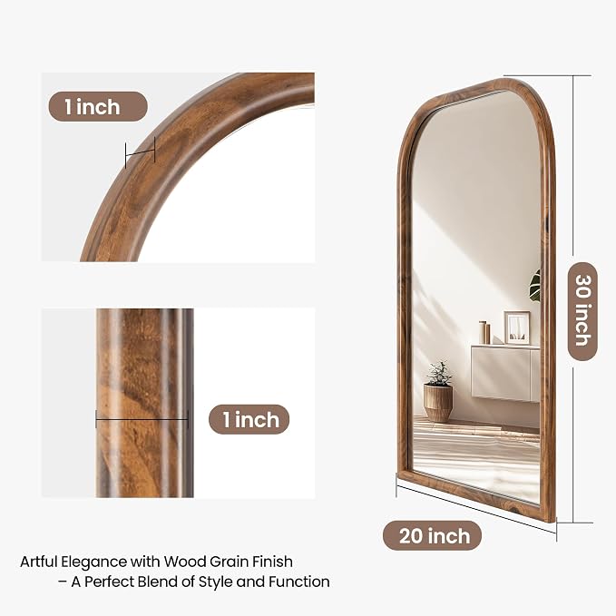 20"x30" Arch Wall Mirror Bathroom Mirror for Wall Mounted, Tempered Glass, Wood Grain Finish Frame Wall Mirror Decorative for Living Room Bedroom Entryway, Natural