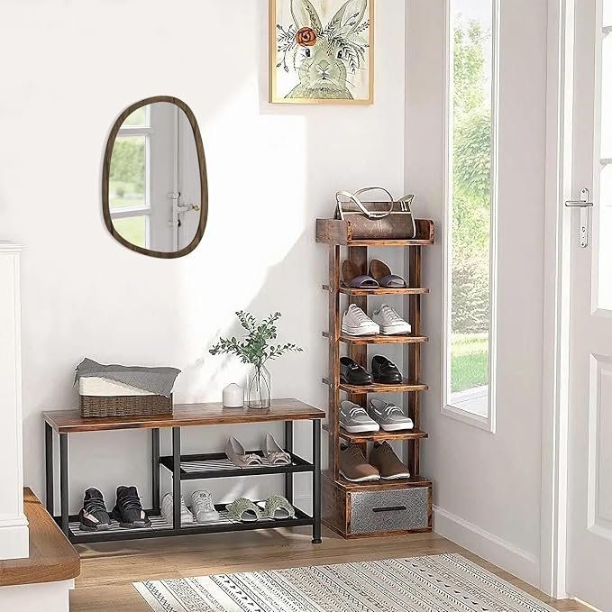 Asymmetrical Oval Mirror for Wall Irregular Wood Frame Modern Mirror Unique Decorative Wall Mirror Vanity Bathroom Living Room Bedroom Entryway Hallway Artistic Mirror Small 14"x10"