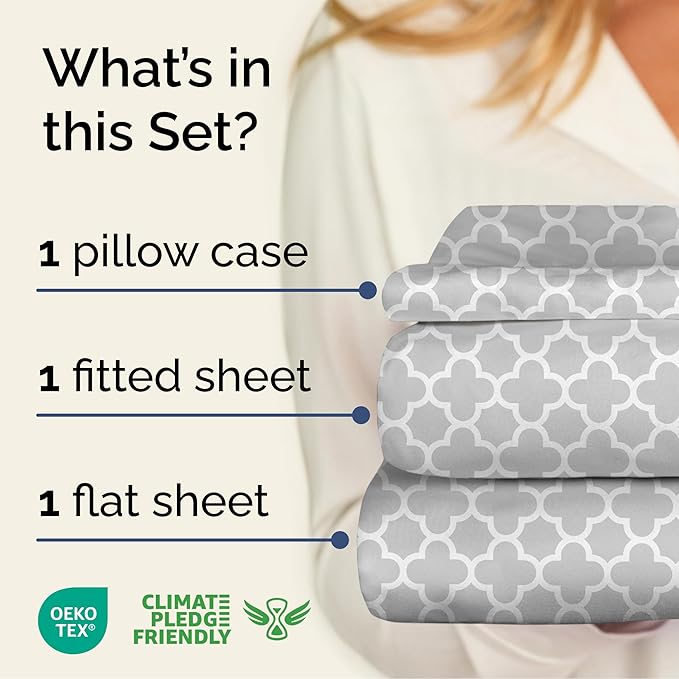 Grey Geometric Bed Sheets - 1 Flat & 1 Fitted Sheet & 1 Pillowcase w/ Deep Pockets – Cozy, Wrinkle & Fade Free- Ultra-Soft, Breathable & Cooling - Luxury Moroccan Bed Set – Twin Size - Gray Quatrefoil