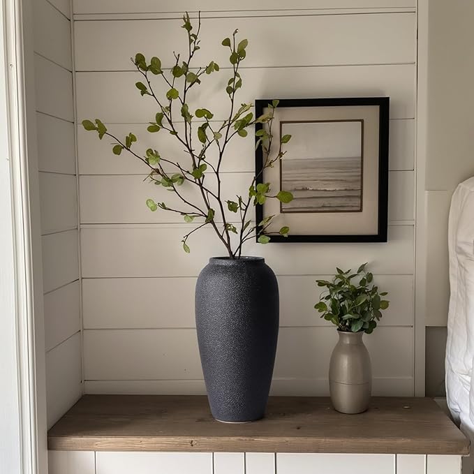 Rustic Ceramic Vase – 13.8" Large Black Ceramic Vase for Home Decor, Modern Terracotta Floor Vase for Living Room, Entryway, Kitchen, Black Vases for Centerpieces, Housewarming Gifts