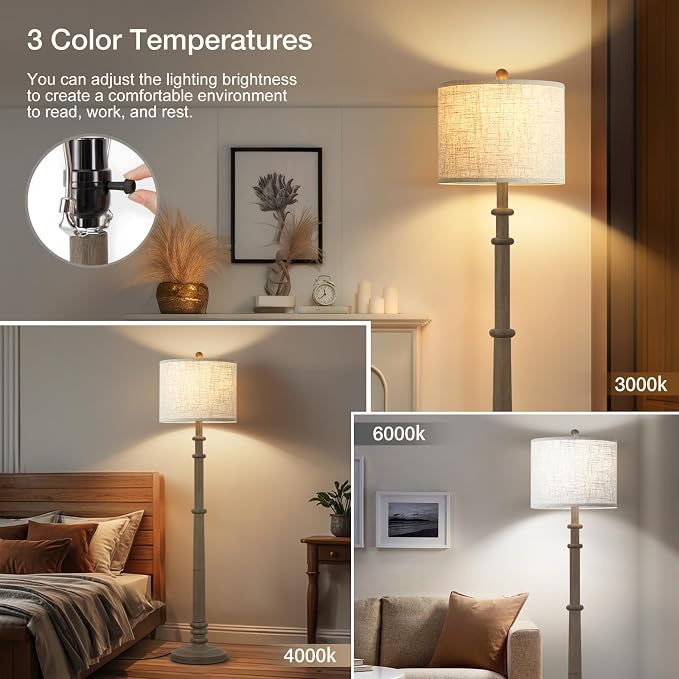 EJIAXIN Floor Lamps for Living Room - 60" Resin Farmhouse Floor Lamp with Adjustable Color Temperatures - Vintage Standing Lamp Reading Light with Linen Shade Retro Tall Lamp for Bedroom Office, Grey