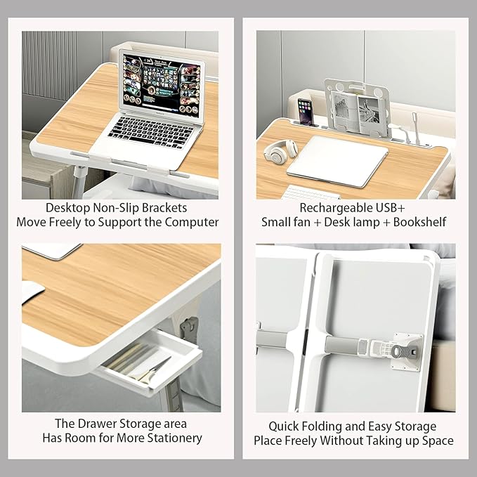 Laptop Desk for Bed, Adjustable Beds Table with USB Charge Port, Foldable Laptop Table with Storage Drawer, Portable Laptop Bed Desk Tray for Eating Working Writing Reading (Yellow)