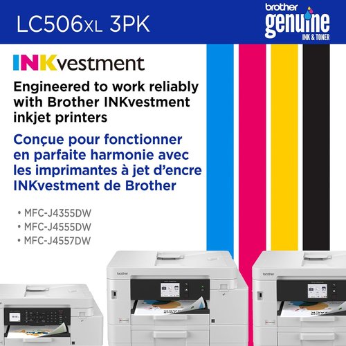 Brother Genuine LC506XL3PK High Yield Ink Cartridges - Cyan, Magenta & Yellow | Compatible with INKvestment 4355, 4555, 4557 Printers