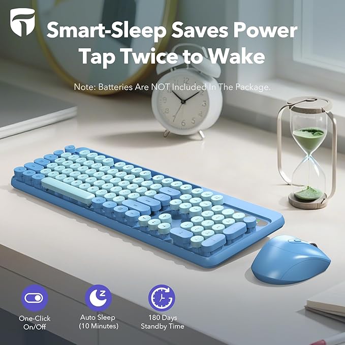 Wireless Keyboard and Mouse Combo, Retro Round Keycaps, Full-Size Cute Typewriter Keyboard with Large Phone/Tablet Holder, Auto-Sleep, 2.4GHz Cordless Connection for Windows/PC/Laptop (Sky Blue)