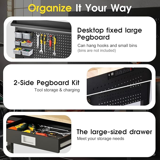 48" Adjustable Work Bench with Drawers, Workbench for Garage with Strip Light, Work Table with Large Pegboard, 2000 LBS Heavy Duty Table with Power Outlet Rubber Wood for Office, Workshop