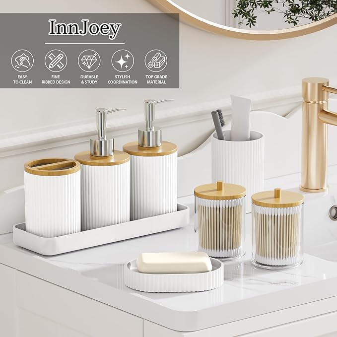 10PC Bathroom Accessories Set - White and Wooden Bathroom Sets, Bathroom Accessory Set with Pop Up Trash Can, Toilet Brush, Trash Can, Qtip Holder & Soap Dispenser