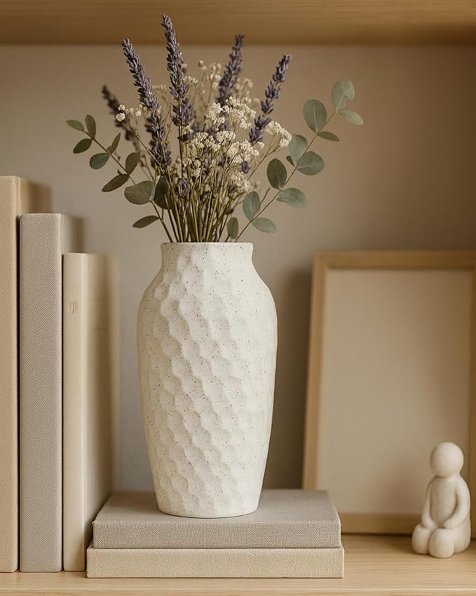 White Ceramic Vase for Flowers, Textured Speckled Hammered Finish Decorative Vase for Living Room, Table Centerpiece & Modern Home Decor