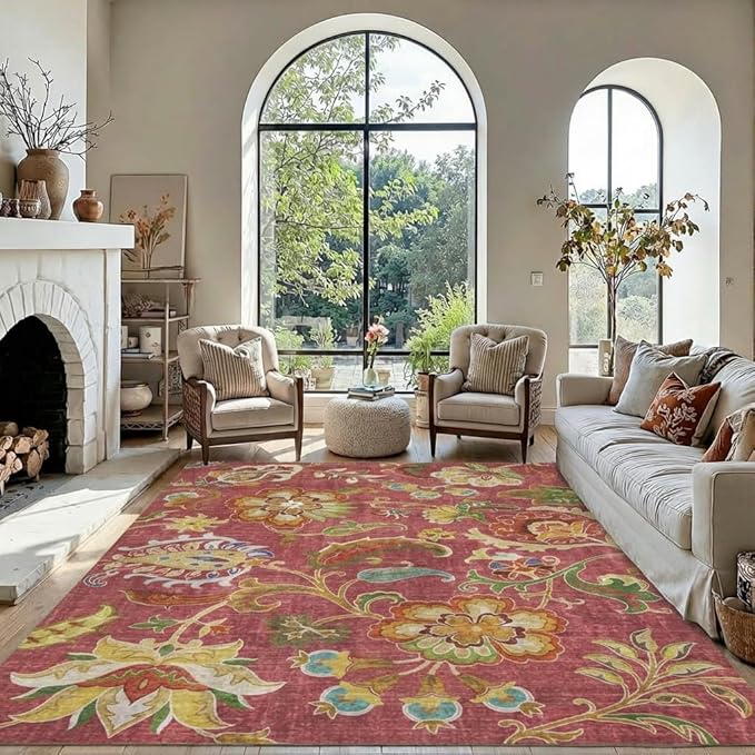5x7 Area Rug Bohemian Vintage Floral Paisley Rug with Non Slip Backing, Washable Low Pile Burgundy Red Multi-Color Carpet for Bedroom, Living Room, Dining Room, Home Office, Farmhouse