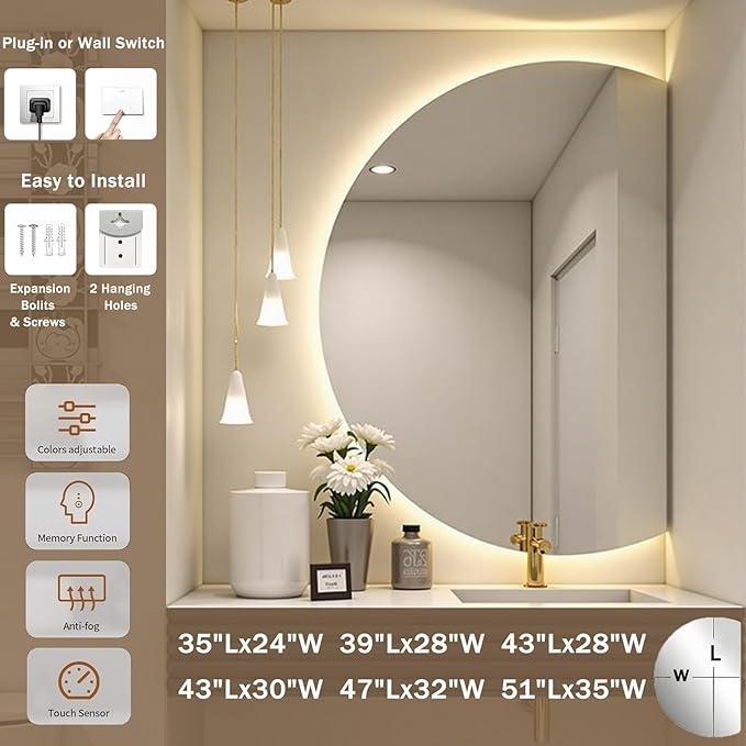Modern Smart Anti-Fog Bathroom Mirror with Lights, Half Moon LED Wall Mirror, 3 Colors Dimmable Makeup Vanity Mirror, Large Frameless Decorative Mirror for Living Room(Right Cut,43"x30")