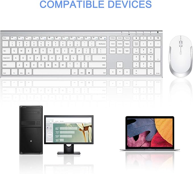 Wireless Keyboard and Mouse, Vssoplor 2.4GHz Rechargeable Compact Quiet Full-Size Keyboard and Mouse Combo with Nano USB Receiver for Windows, Laptop, PC, Notebook-White Silver