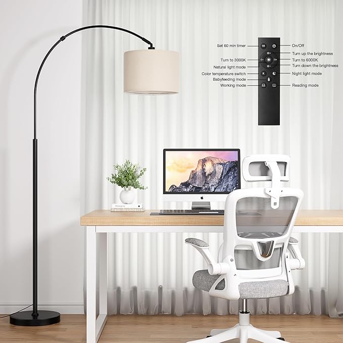 Ambimall 70 Dimmable Arc Floor Lamp with Remote, Color Temperatures and Brightness Adjustable, Arched Floor Lamp with Rotating Head, Over Couch Arched Light for Living Room (Deep Beige and Black)