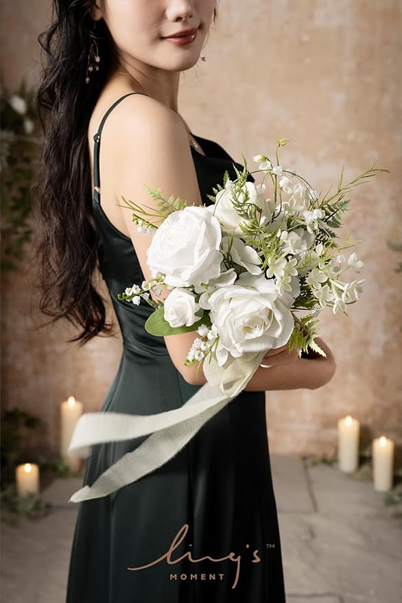 Ling's moment Lily of The Valley White Bridesmaid Bouquet, White Wedding Bouquets for Bridesmaids, 7 Inch Bridal Bouquets for Bridesmaids, Wedding, Ceremony, Anniversary, etc.