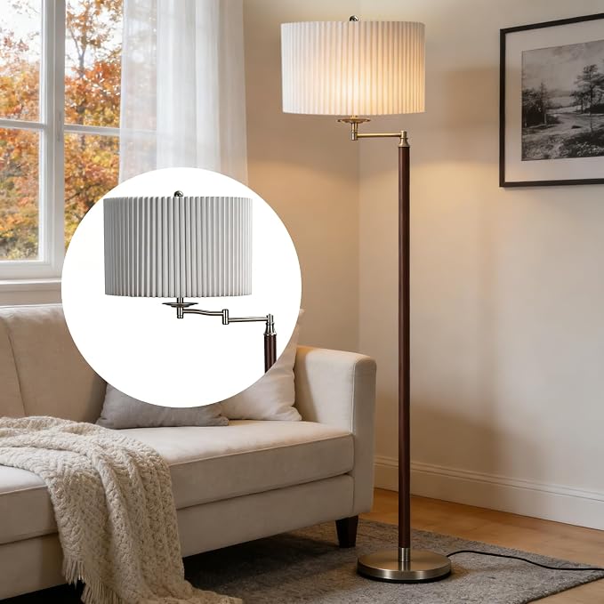 Traditional 350° Adjustable Swing Arm Farmhouse Floor Lamp for Bedroom, Modern Floor Lamps with Pleated Shade for Living Room, Rustic Standing Lamp Pole Lamps for Reading and Office
