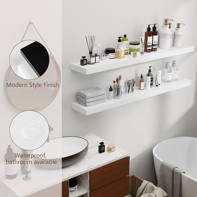 fuqing White Floating Shelves 48 Inch Set of 2, Solid Wood Wall Mounted Shelves 48 Inches Long, Modern Floating Shelves for Bedroom Living Room Bathroom - White