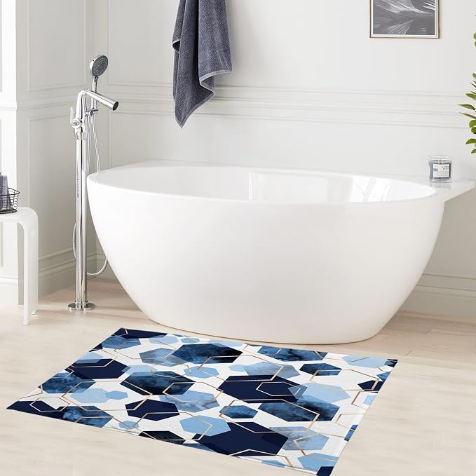 LB Navy Blue Marble Bath Mat for Bathroom Abstract Geometric Non Slip Floor Rug Gold Honeycomb Hexagon Doormat Super Absorbent Memory Foam Living Room Bedroom Door Front Area Rugs,31.5x19.6 Inch