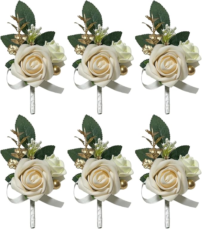 6PCS White Boutonniere for Men, Ivory Boutonniere Pins for Men Groomsmen Guest Boutonniere, Artificial Flowers for Wedding Decor Prom Homecoming
