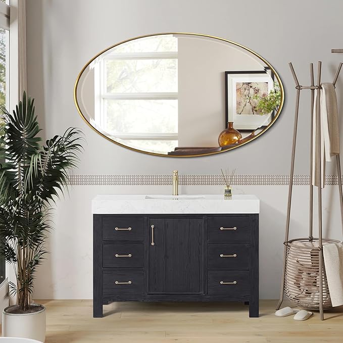 POZINO Beveled Oval Mirror, 28"x48" Brushed Gold Bathroom Mirror with Stainless Steel Frame, Modern Accent Wall Mirrors for Entryway Bedroom Hallway Living Room, Hangs Vertically or Horizontally