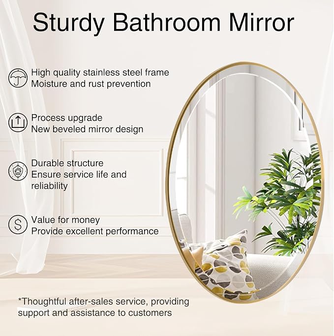 POZINO Oval Beveled Mirror, 20"x28" Brush Gold Vanity Mirror for Over Sink, Modern Brass Wall Mirrors for Bathroom Bedroom Living Room Hallway Entryway, Hangs Vertically or Horizontally