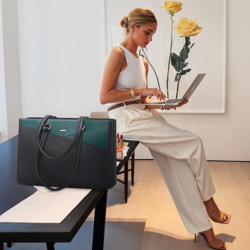 LOVEVOOK Laptop Bag - Waterproof Leather Tote for Women | 15.6 Inch Briefcase in Black/Green