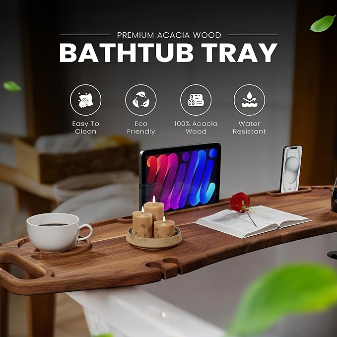 Lush & Style Premium Bathtub Tray Large 35x10 Inch, Acacia Wood Luxury, Waterproof, Non-Toxic, Adjustable Legs, No Tools Required,Caddy Tray,New Home Essenials Make sure to measure before 35 Inch Long