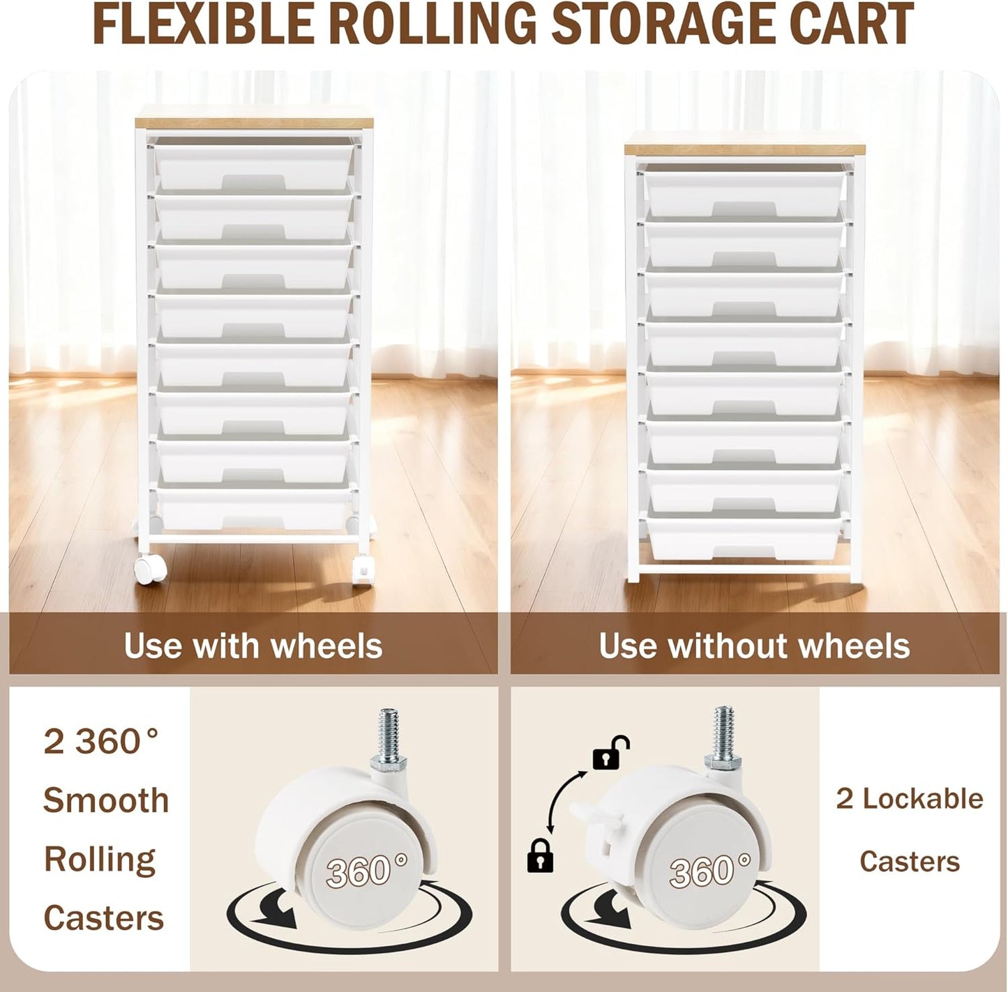 Skiennix Rolling Cart - 8 Drawer Storage Solution with Wooden Tabletop & Lockable Wheels | Versatile for Home & Office