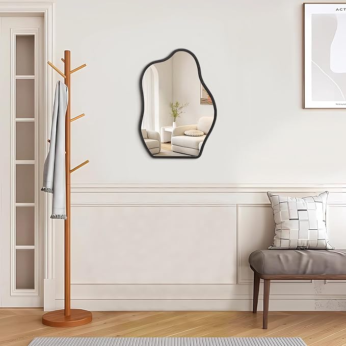 Irregular Mirror for Wall Decor Modern Asymmetrical Small Wall Mirror with Wooden Framed Unique Shape Vanity Artistic Cloud Mirror Decorative for Living Room Bedroom Bathroom