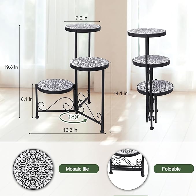 3 Tier Mosaic Plant Stand Foldable Corner Shelf for Indoor Outdoor Tall Plant Holder Display Rack for Patio Balcony Living Room Garden Decor