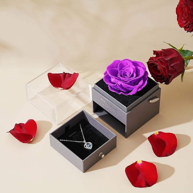 Romantic Rose Gifts for Her - Forever Preserved Rose with Silver Heart Pendant Necklace for Wife Girlfriend Mom | You Are My Sunshine Music Box for Women - Perfect on Valentines, Birthday, Anniversary