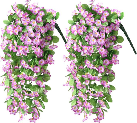 Artificial Fake Hanging Flowers Plants for Outdoor Spring Decoration, 2PCS Faux Silk Violet UV Resistant Look Real Trailing Vines for Outside Home Planter Porch Patio(Violet)