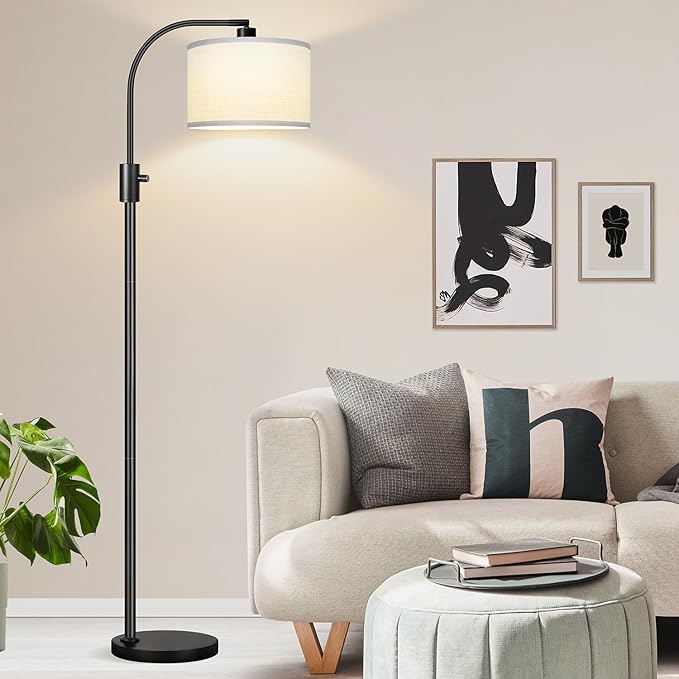Nintiue Upgraded Modern Arc Dimmable Tall Standing Floor Lamp with White Shade, 1200 Lumens LED Bulb Included, for Living & Reading Room, Bedroom, Office & Nursery, Black