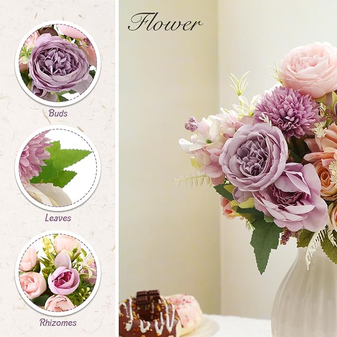 Zeyune 12 Bundles Artificial Peonies Flowers Artificial Silk Rose Faux Dahlia Fake Chamomile Hydrangea Bouquet Bulk for Vase Home Wedding Centerpiece Party Decoration(Lavender Blush,Misty Lavender)