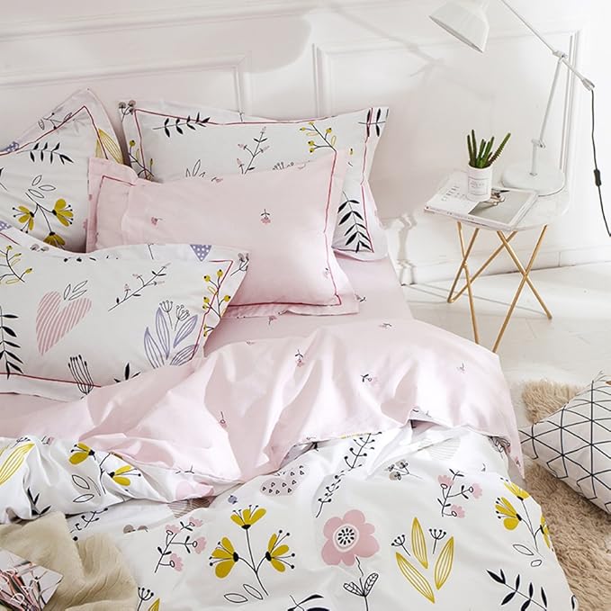 Girls Boho White Pink Floral Duvet Cover Queen Bedding Sets Cotton Comforter Cover Chic Flower Branches Bedding Sets with 2 Pillowcases