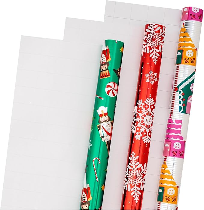 LeZakaa Christmas Wrapping Paper Mini Roll, Nutcracker Snowflake Gingerbread House Design Metallic Foil Holiday Gift Wrap, Arts Craft, for Xmas Winter Party, 17 x 120 inches, 3 Rolls