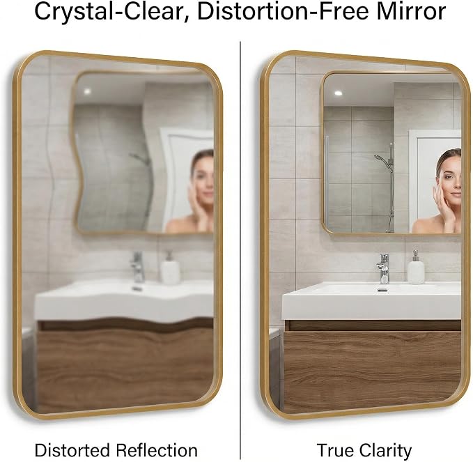 30x48 Inch Oversized Antique Gold Bathroom Vanity Mirrors | Flush Mount Deep Set Metal Wall Mirror for Over Sink | HD Shatterproof Glass, Rustproof | 1 Pack