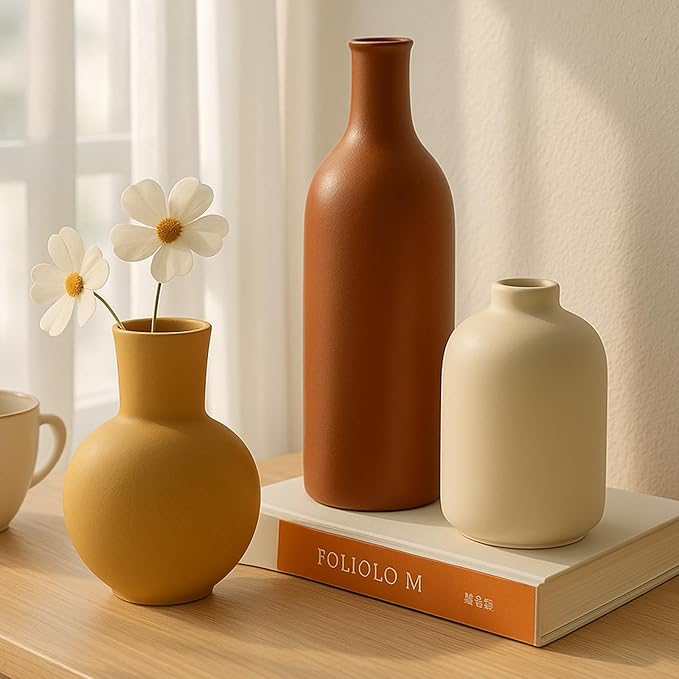 Ceramic Vase, Flower Vases Set of 3 Living Room Decor, Farmhouse Decor, Decorative Vase for Home Coffee Table, Book Shelf, Kitchen, Bedroom Centerpiece Table Decorations