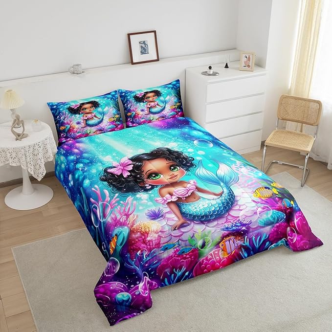 Cute Mermaid Comforter Set King Size,Reversible Cute Girl Fish Scale Print Black Bedding Set All Season Quilt Set,African Style Cartoon Fairy Tale Theme Microfiber Polyester Down Comforter