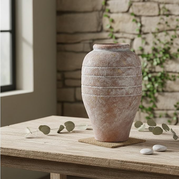 Ceramic Flower Vase Home Decor,9.1 Inch Large Rustic Farmhouse Vases Vintage Decorative Vases Whitewashed Pottery for House Living Room Terracotta Vases Decor for Kitchen Mantel Bathroom Shelf Office